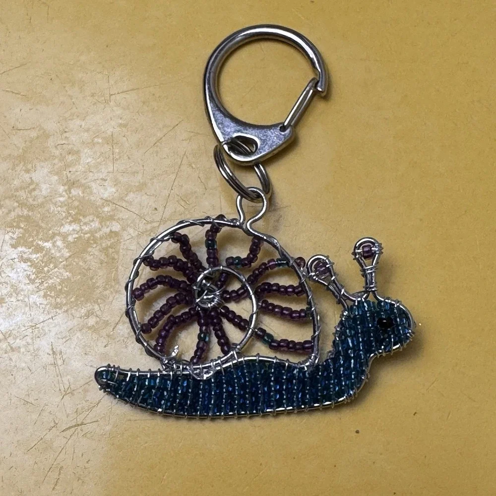 Handmade Beaded Snail Keychain Purse‎ Charm Blue Purple Wire Wrapped Art